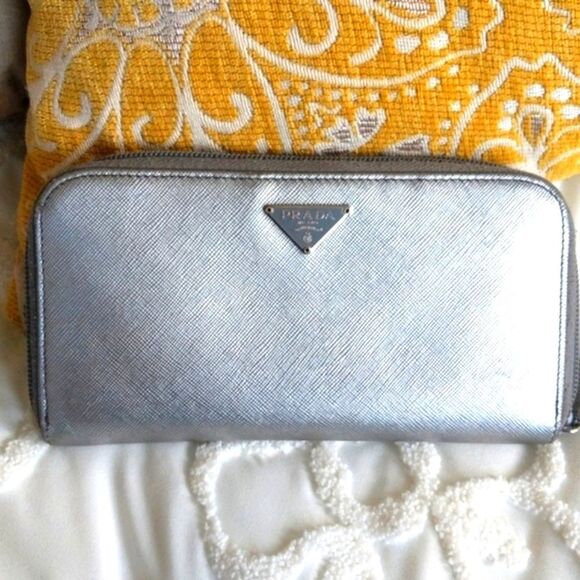 PRADA  Metallic Leather Zip Around Wallet - Picture 1 of 16